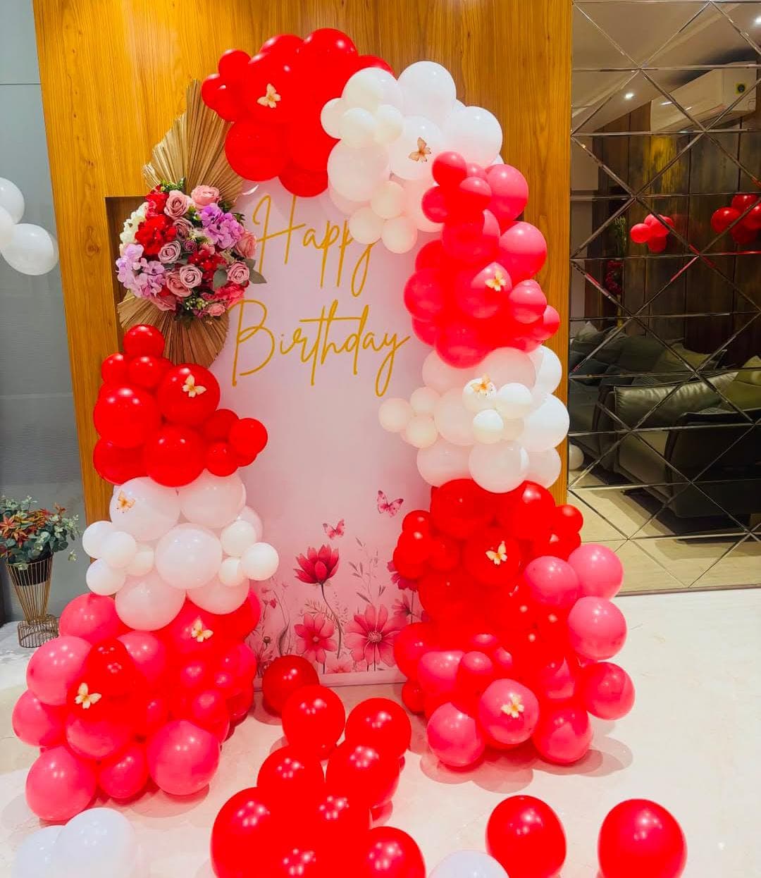 Anniversary balloon decoration with heart backdrop and lighting in Patna