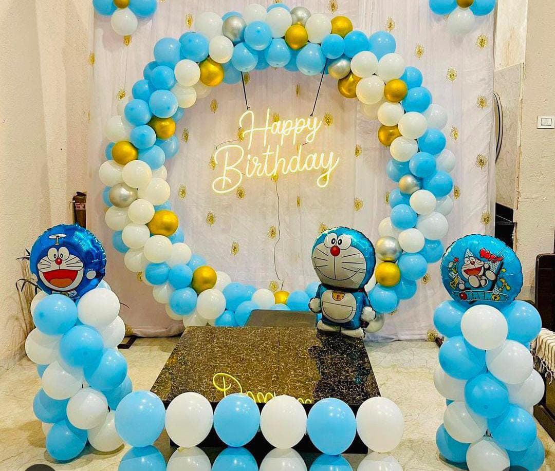 Baby boy welcome decoration in blue and white balloons in Patna