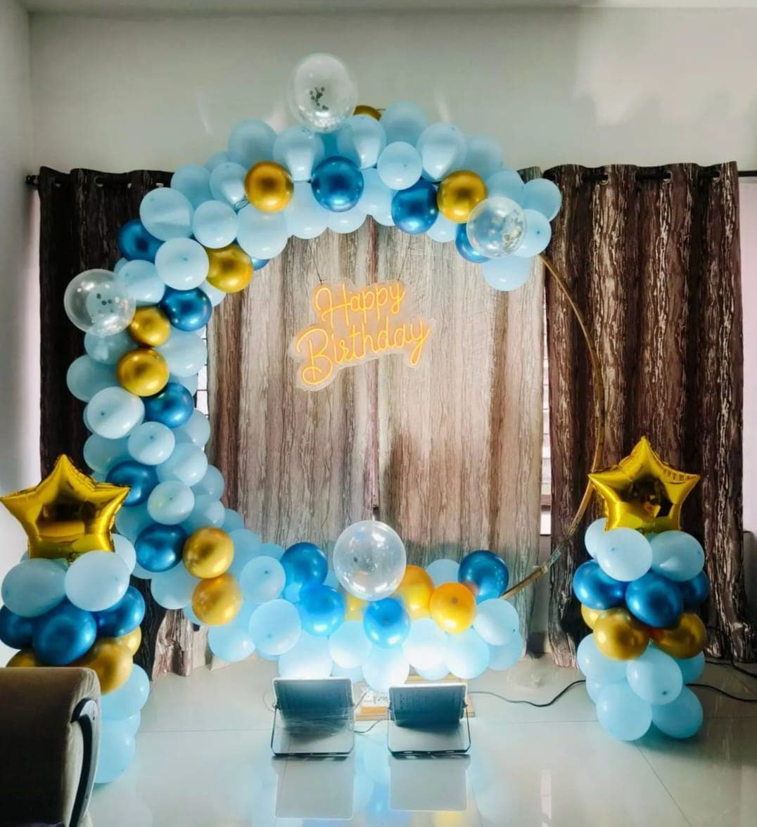 Baby boy welcome decoration in blue and white balloons in Patna