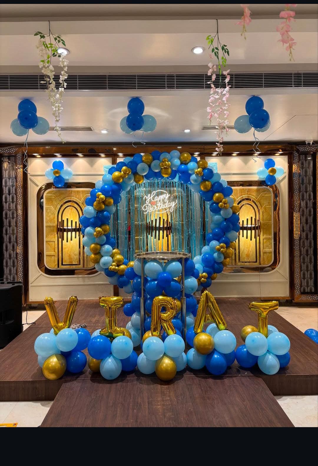 Baby boy welcome decoration in blue and white balloons in Patna