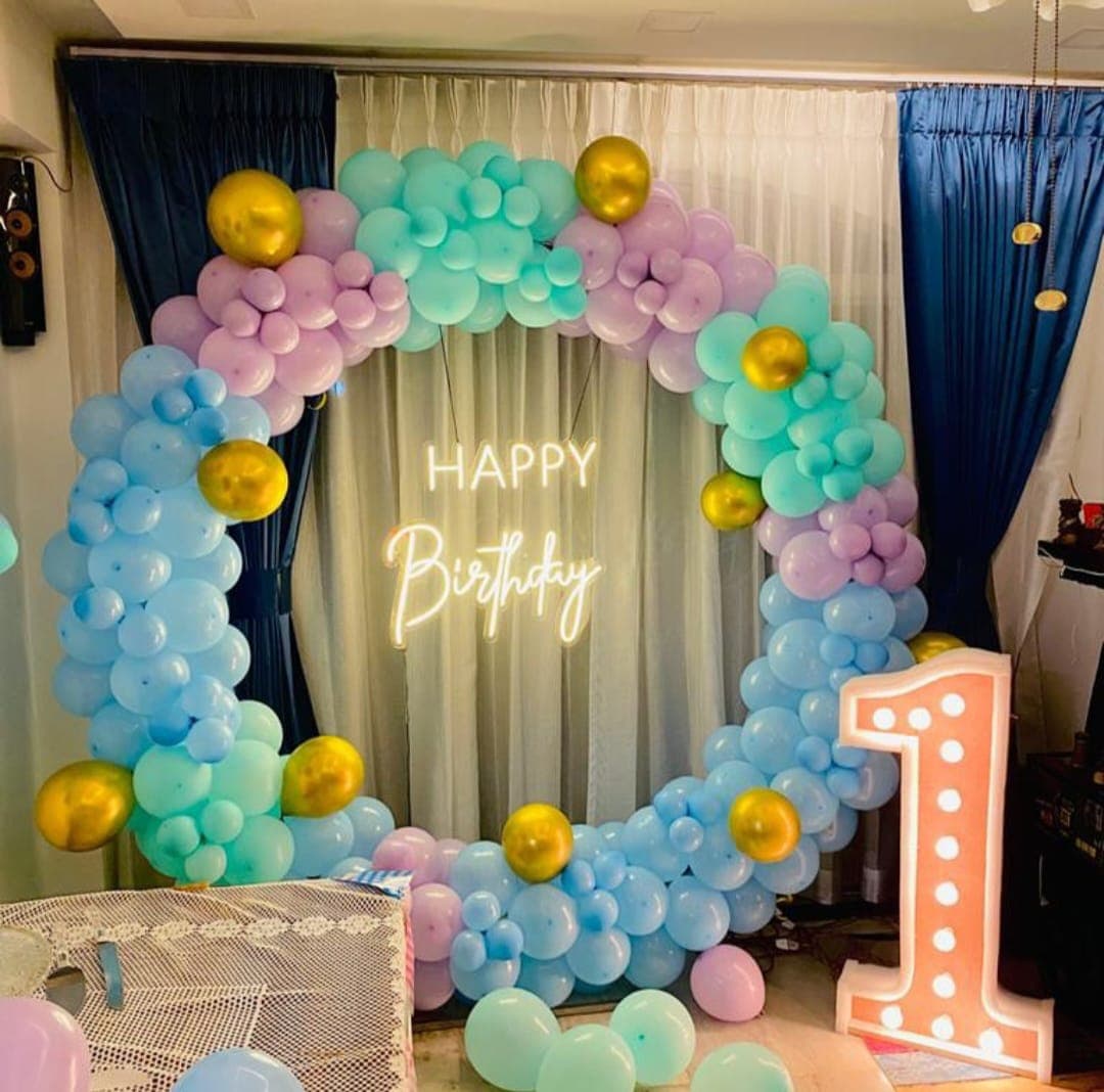 Baby boy welcome decoration in blue and white balloons in Patna