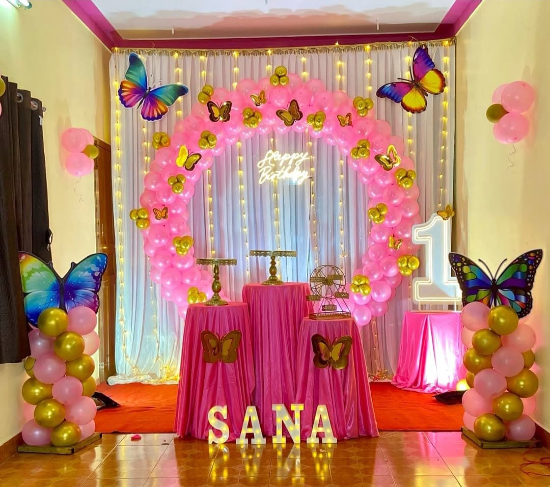Baby girl welcome decoration in pink and pastel balloons in Patna