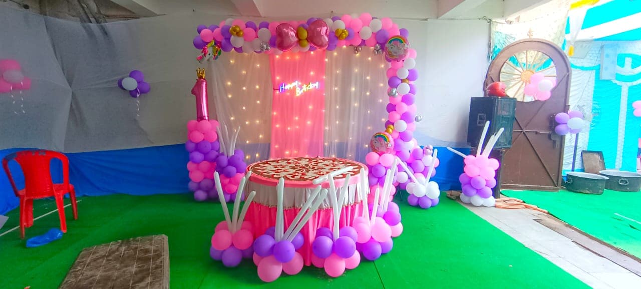 Baby girl welcome decoration in pink and pastel balloons in Patna