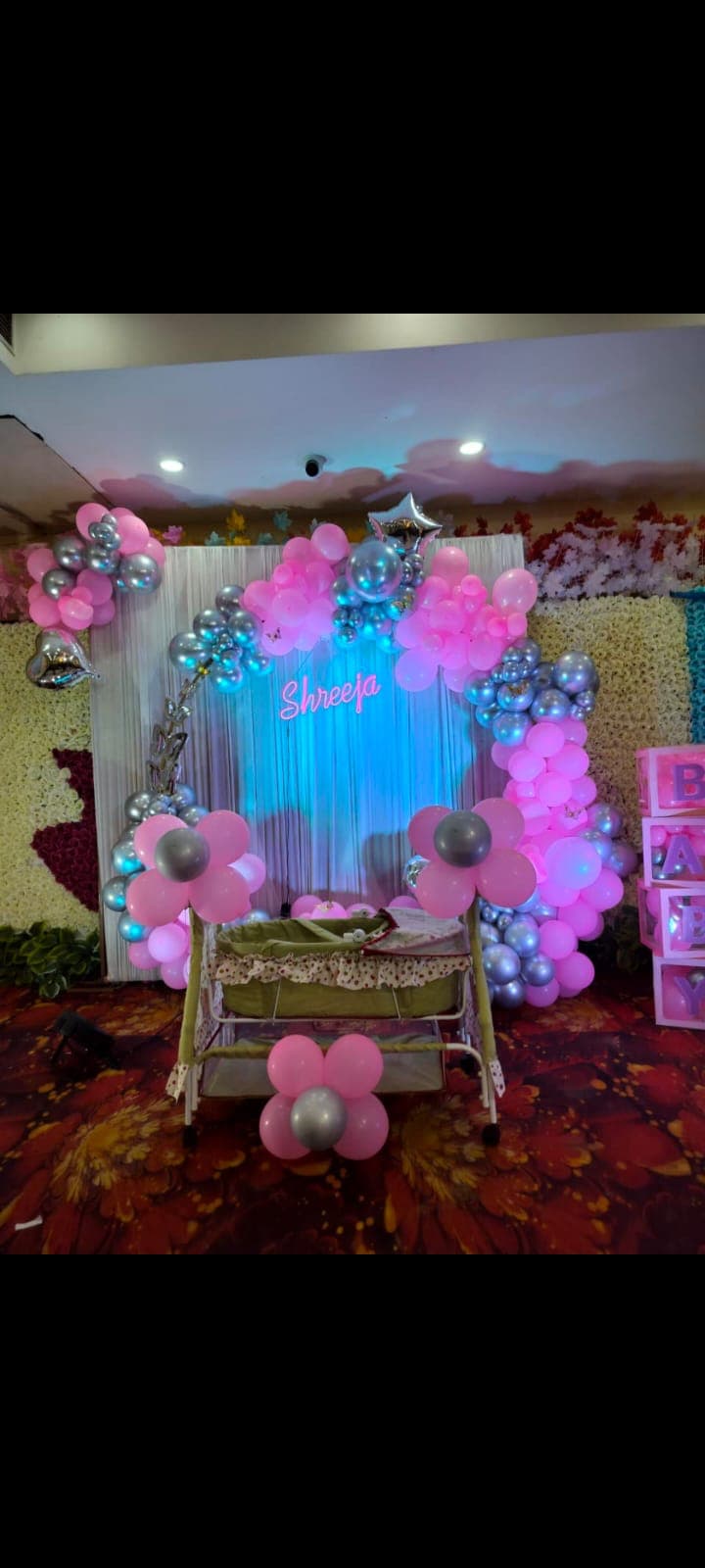 Birthday balloon decoration with backdrop and cake table in Patna